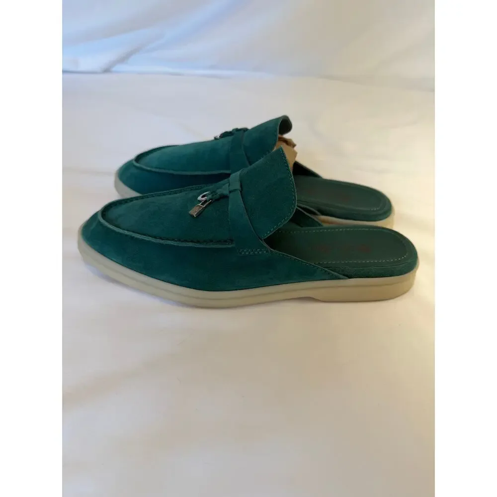 Loro Piana Summer Walk Charm Babouche Slides EU 38 Teal Suede Made in Italy